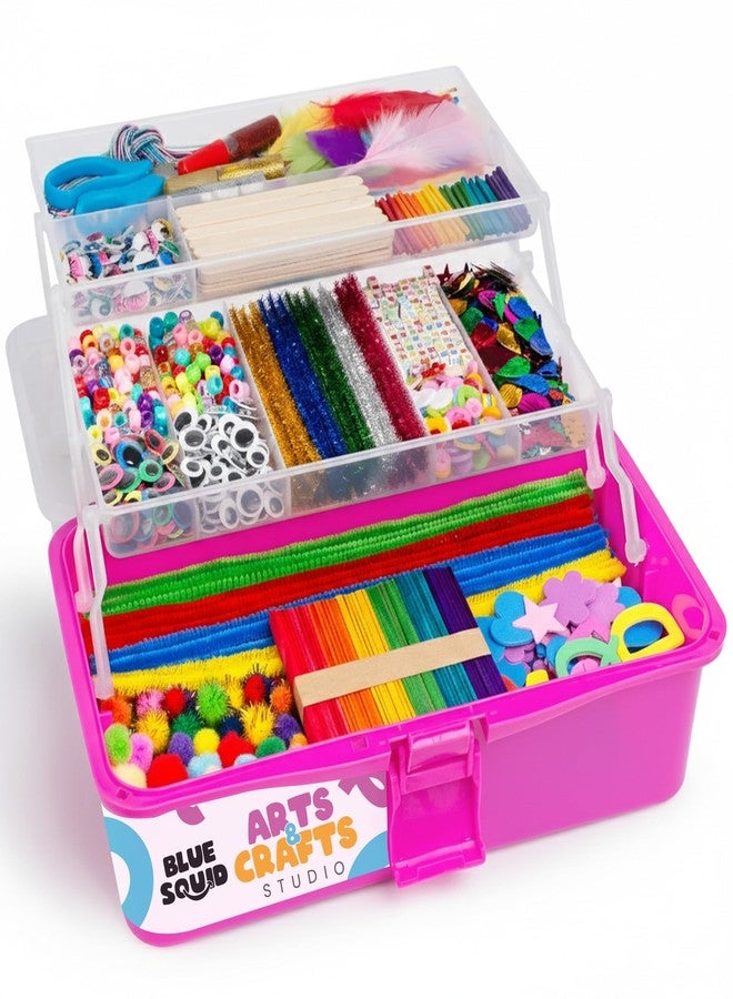 Blue Squid Arts & Crafts Box (Pink)- 2800+ pcs Deluxe Craft Supplies Box, 2 Drawers, 18 Compartments, Sturdy Handle - Art Crafting Kit Birthday Gifts for Kids, School Supply for Ages 4-12 - Image 1